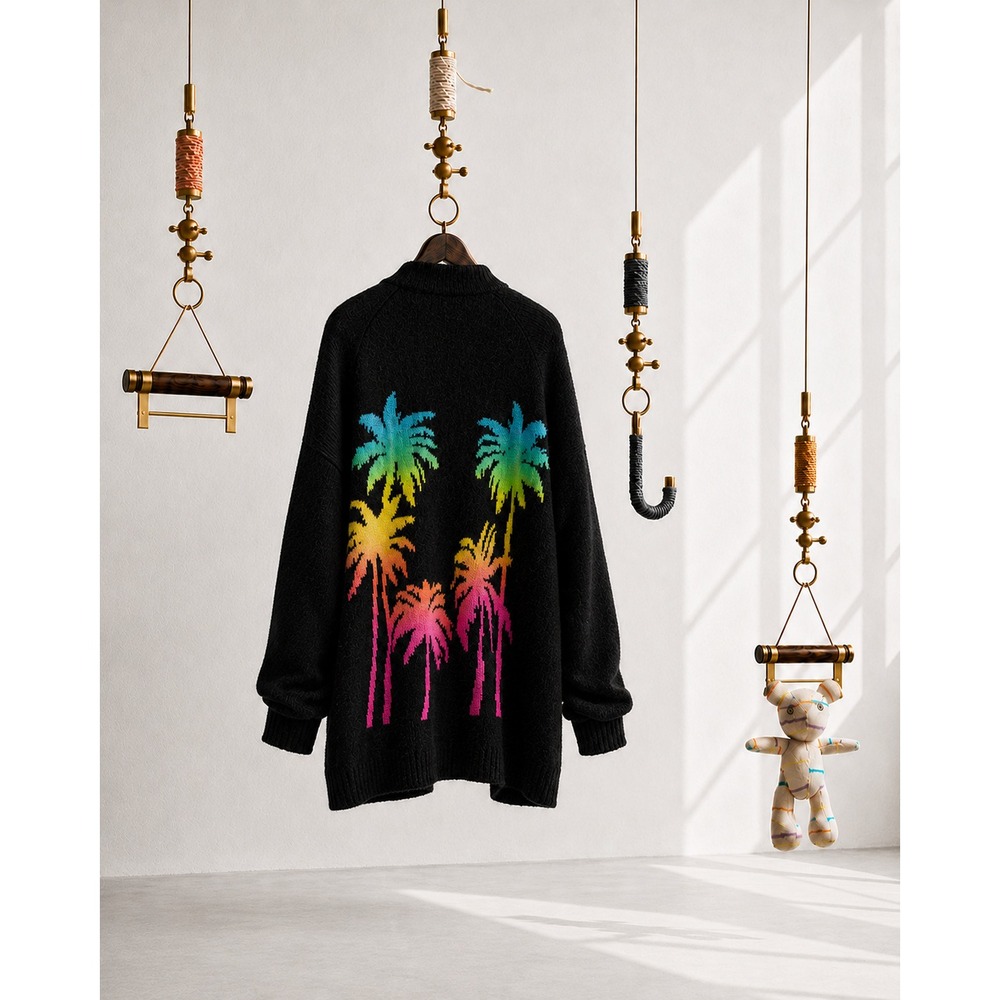 The Elder Statesman Paint Palms Oversized Neon Palm Tree Cashmere Cardigan M